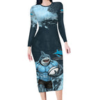 Personalised Cronulla Sutherland Sharks Rugby Long Sleeve Bodycon Dress Sharkies Mascot - Sporty Splash Art Style