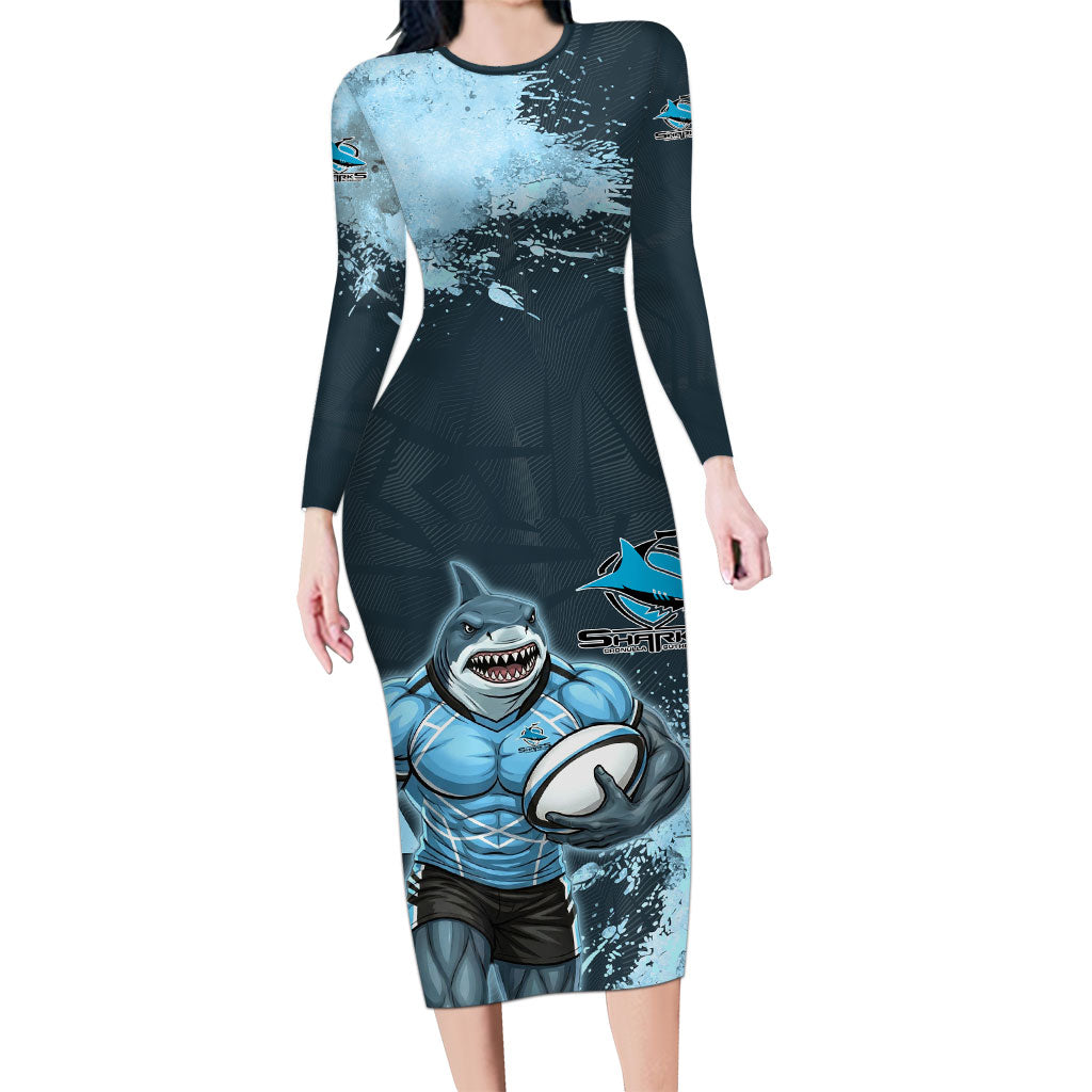Personalised Cronulla Sutherland Sharks Rugby Long Sleeve Bodycon Dress Sharkies Mascot - Sporty Splash Art Style