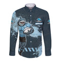 Personalised Cronulla Sutherland Sharks Rugby Long Sleeve Button Shirt Sharkies Mascot - Sporty Splash Art Style