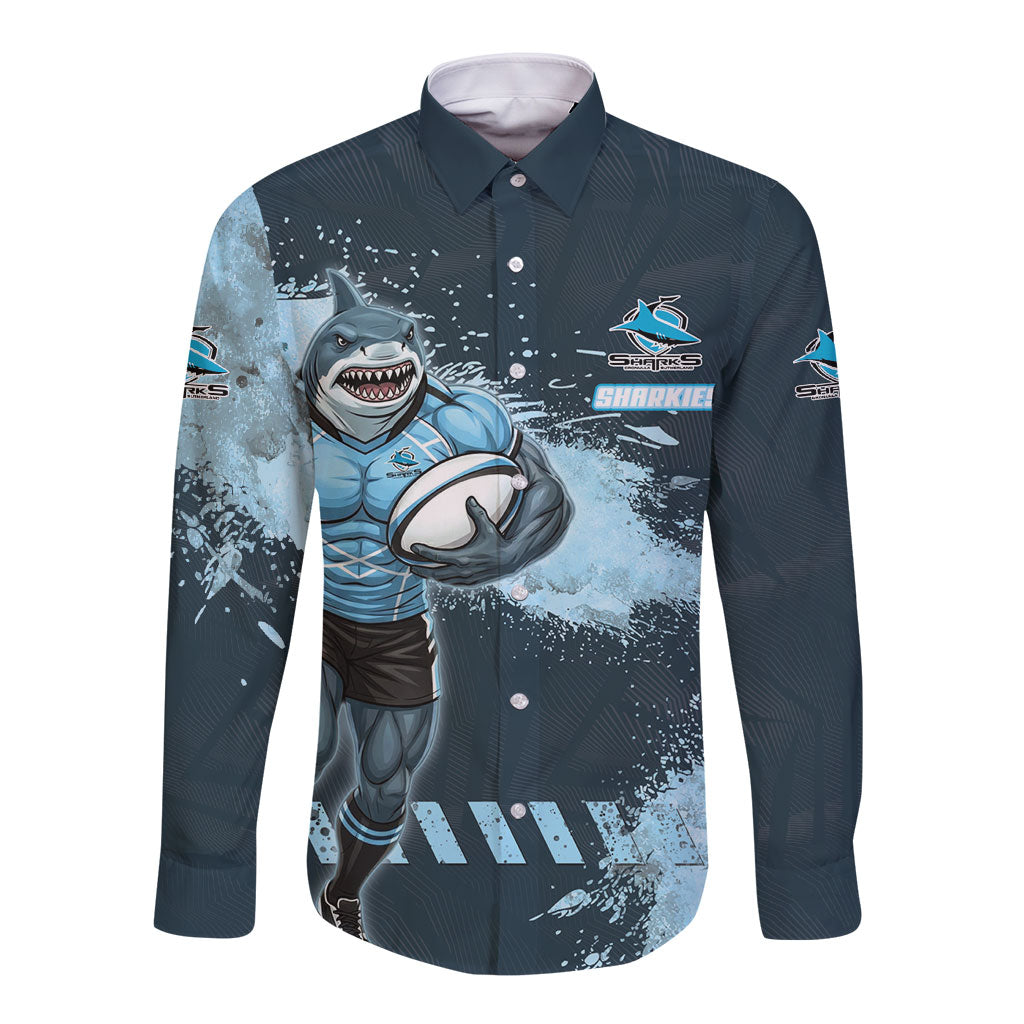 Personalised Cronulla Sutherland Sharks Rugby Long Sleeve Button Shirt Sharkies Mascot - Sporty Splash Art Style