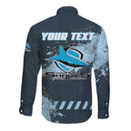 Personalised Cronulla Sutherland Sharks Rugby Long Sleeve Button Shirt Sharkies Mascot - Sporty Splash Art Style