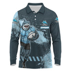 Personalised Cronulla Sutherland Sharks Rugby Long Sleeve Polo Shirt Sharkies Mascot - Sporty Splash Art Style