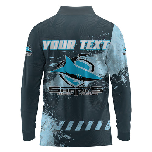 Personalised Cronulla Sutherland Sharks Rugby Long Sleeve Polo Shirt Sharkies Mascot - Sporty Splash Art Style