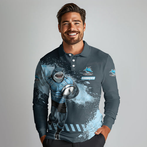 Personalised Cronulla Sutherland Sharks Rugby Long Sleeve Polo Shirt Sharkies Mascot - Sporty Splash Art Style