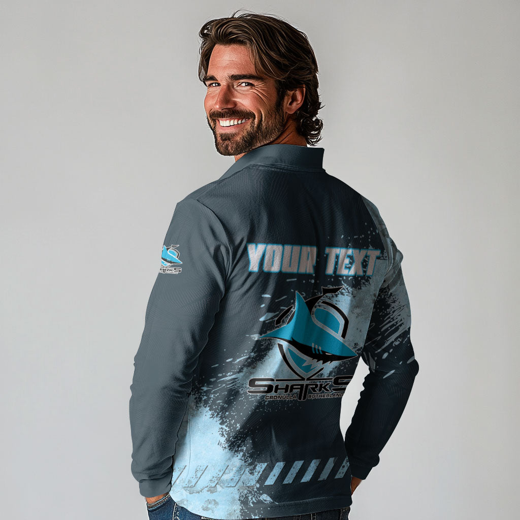 Personalised Cronulla Sutherland Sharks Rugby Long Sleeve Polo Shirt Sharkies Mascot - Sporty Splash Art Style