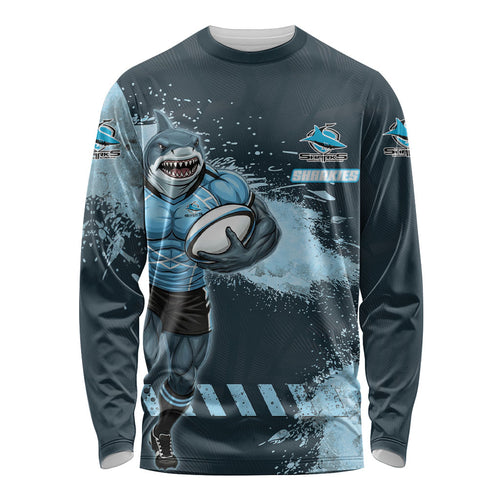 Personalised Cronulla Sutherland Sharks Rugby Long Sleeve Shirt Sharkies Mascot - Sporty Splash Art Style