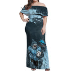 Personalised Cronulla Sutherland Sharks Rugby Off Shoulder Maxi Dress Sharkies Mascot - Sporty Splash Art Style
