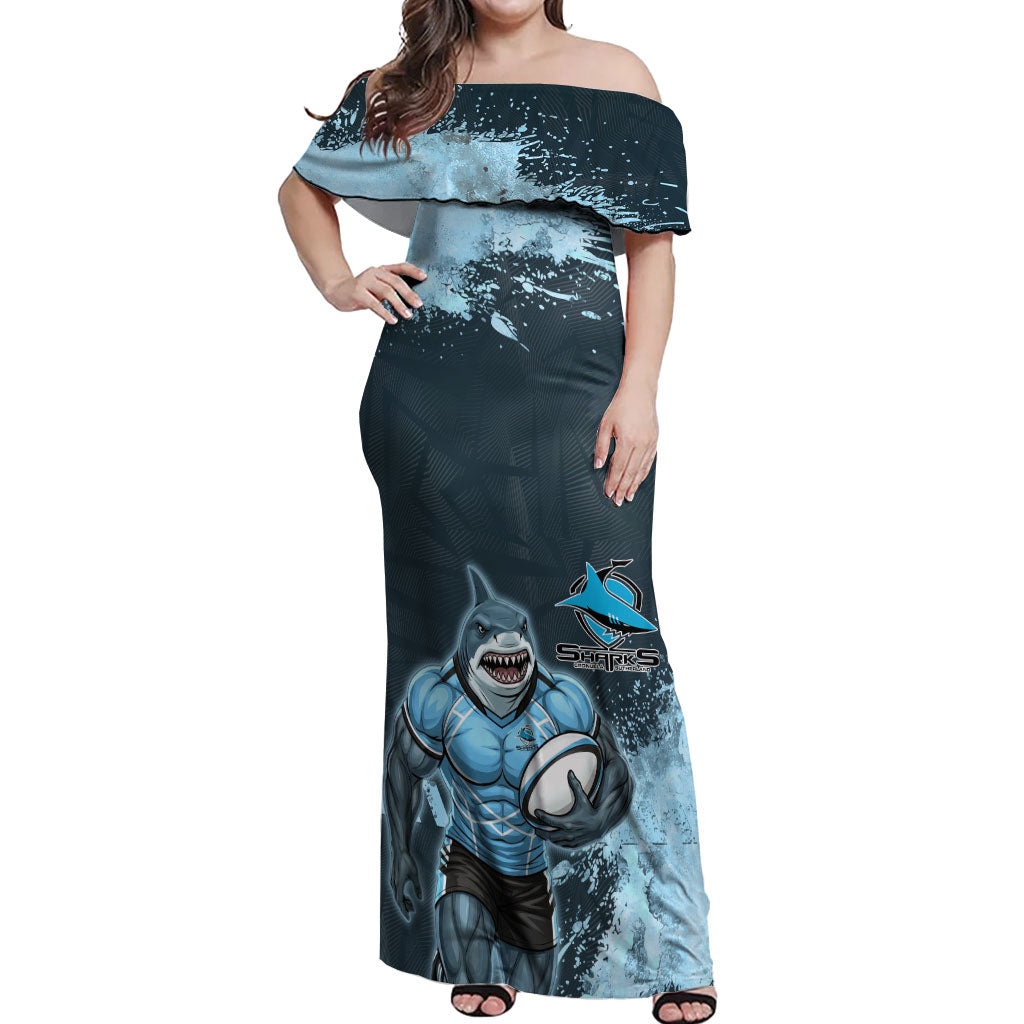 Personalised Cronulla Sutherland Sharks Rugby Off Shoulder Maxi Dress Sharkies Mascot - Sporty Splash Art Style