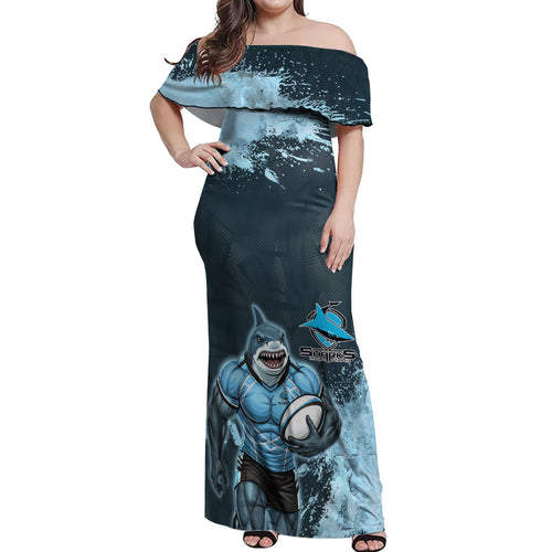 Personalised Cronulla Sutherland Sharks Rugby Off Shoulder Maxi Dress Sharkies Mascot - Sporty Splash Art Style