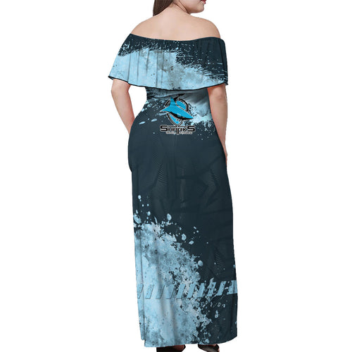 Personalised Cronulla Sutherland Sharks Rugby Off Shoulder Maxi Dress Sharkies Mascot - Sporty Splash Art Style
