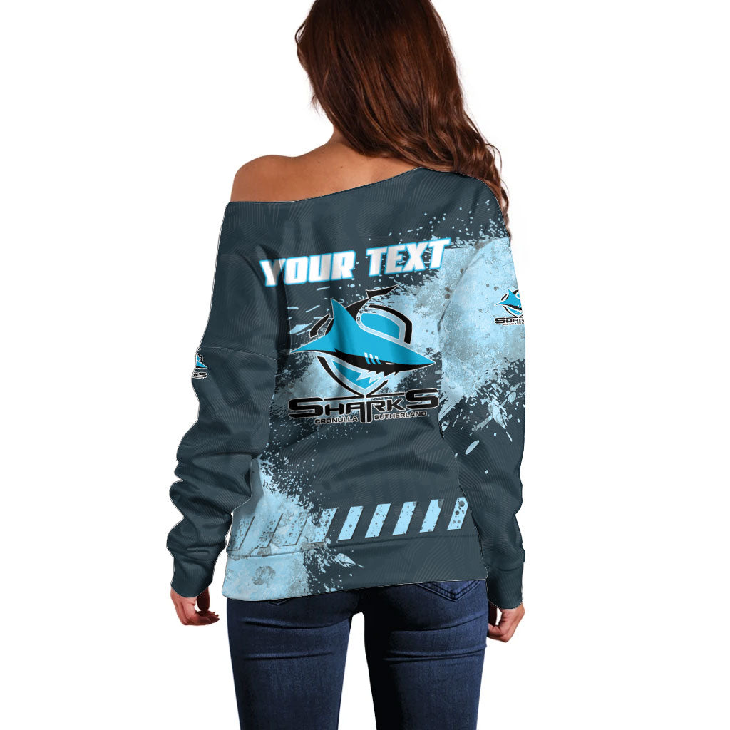 Personalised Cronulla Sutherland Sharks Rugby Off Shoulder Sweater Sharkies Mascot - Sporty Splash Art Style