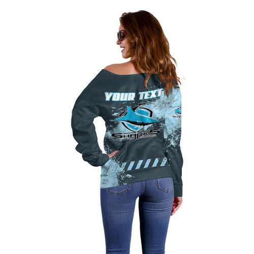Personalised Cronulla Sutherland Sharks Rugby Off Shoulder Sweater Sharkies Mascot - Sporty Splash Art Style