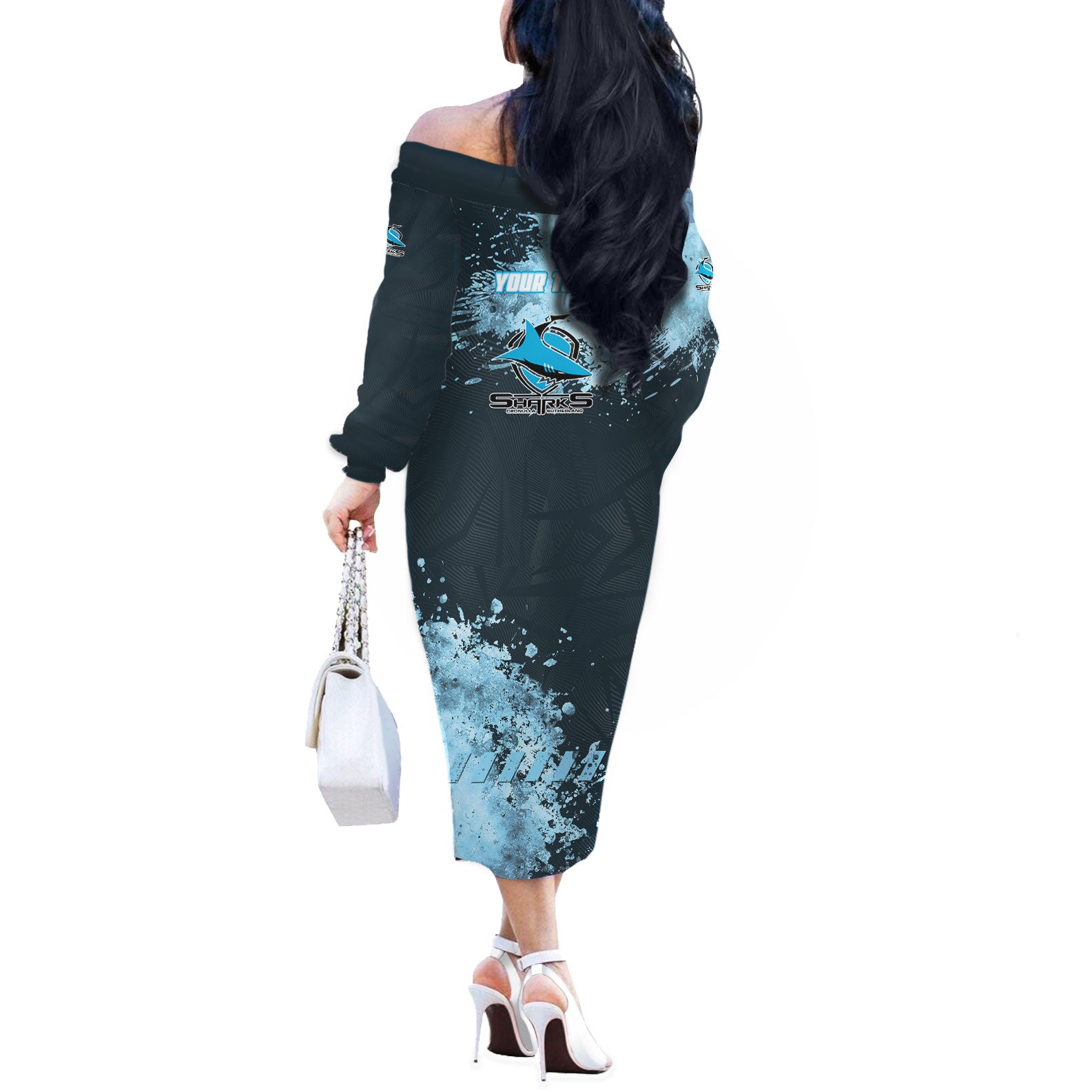 Personalised Cronulla Sutherland Sharks Rugby Off The Shoulder Long Sleeve Dress Sharkies Mascot - Sporty Splash Art Style