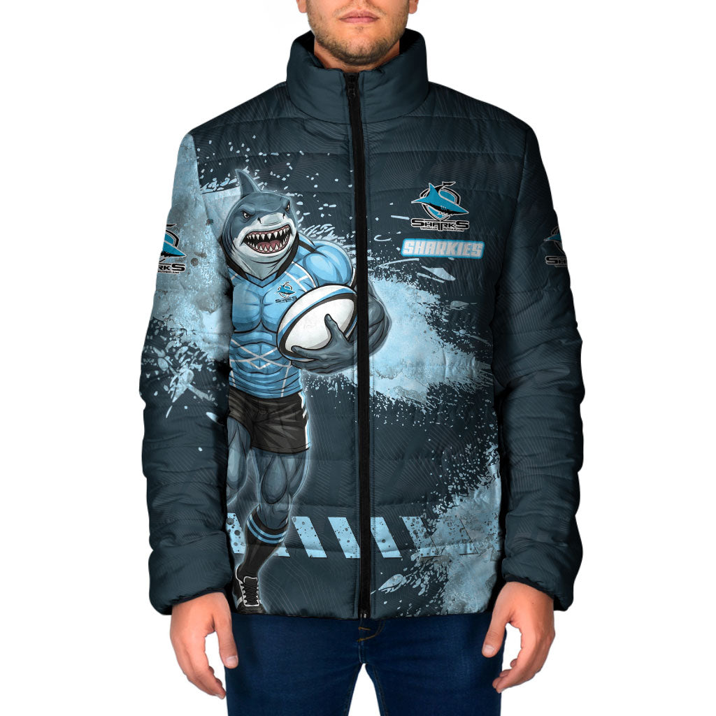 Personalised Cronulla Sutherland Sharks Rugby Padded Jacket Sharkies Mascot - Sporty Splash Art Style