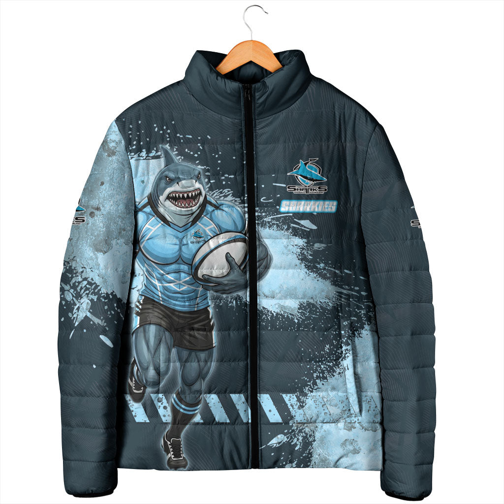 Personalised Cronulla Sutherland Sharks Rugby Padded Jacket Sharkies Mascot - Sporty Splash Art Style