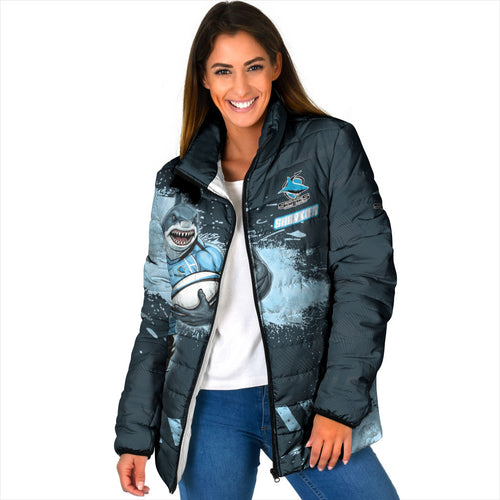 Personalised Cronulla Sutherland Sharks Rugby Padded Jacket Sharkies Mascot - Sporty Splash Art Style