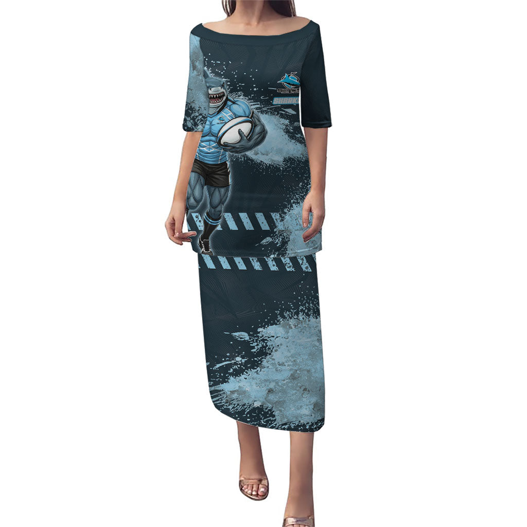Personalised Cronulla Sutherland Sharks Rugby Puletasi Sharkies Mascot - Sporty Splash Art Style