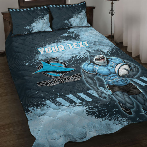 Personalised Cronulla Sutherland Sharks Rugby Quilt Bed Set Sharkies Mascot - Sporty Splash Art Style