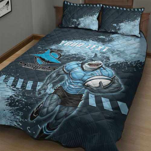 Personalised Cronulla Sutherland Sharks Rugby Quilt Bed Set Sharkies Mascot - Sporty Splash Art Style