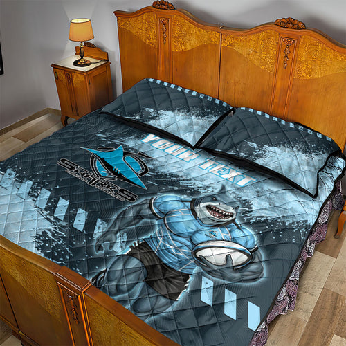 Personalised Cronulla Sutherland Sharks Rugby Quilt Bed Set Sharkies Mascot - Sporty Splash Art Style