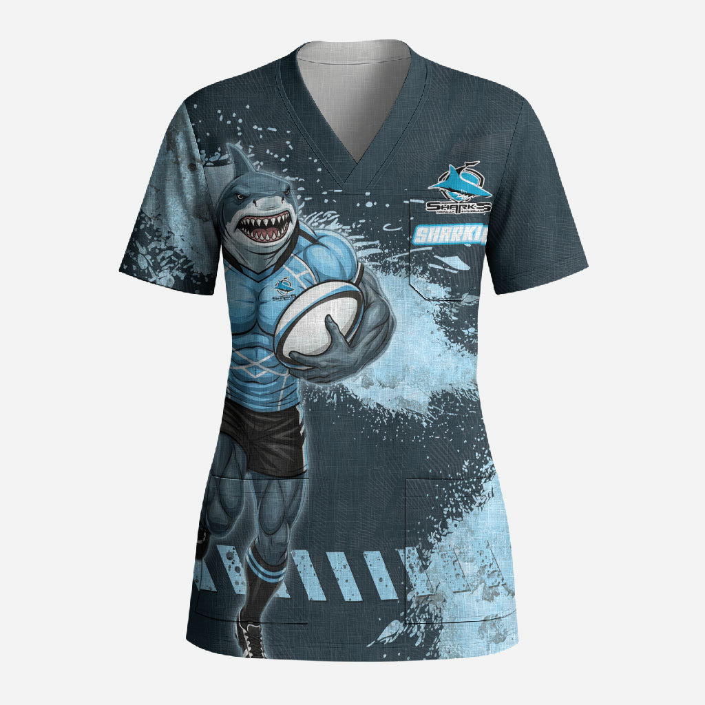 Personalised Cronulla Sutherland Sharks Rugby Scrub Top Sharkies Mascot - Sporty Splash Art Style