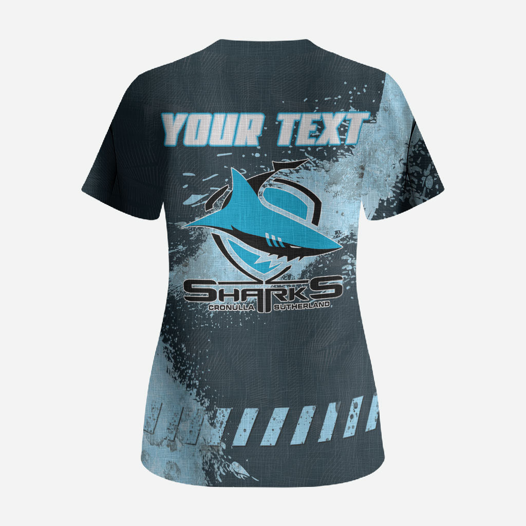 Personalised Cronulla Sutherland Sharks Rugby Scrub Top Sharkies Mascot - Sporty Splash Art Style
