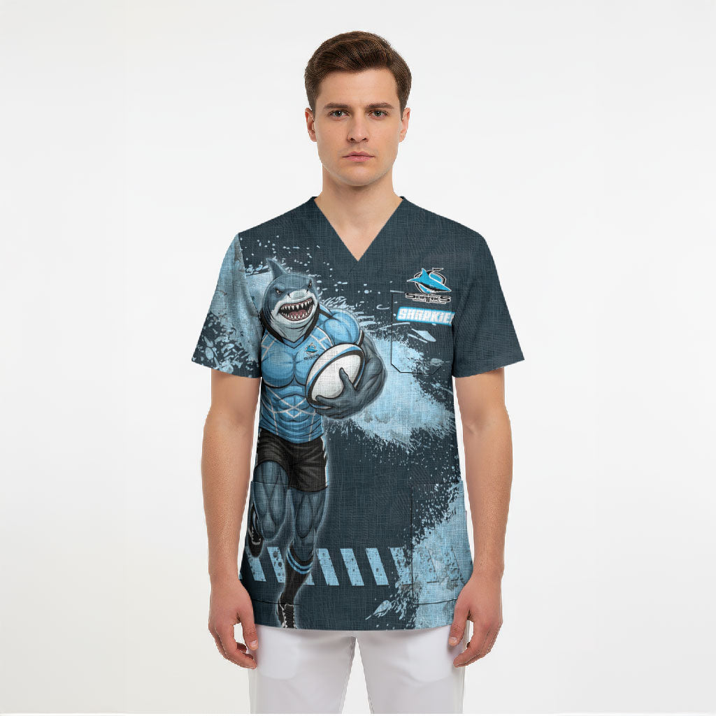 Personalised Cronulla Sutherland Sharks Rugby Scrub Top Sharkies Mascot - Sporty Splash Art Style