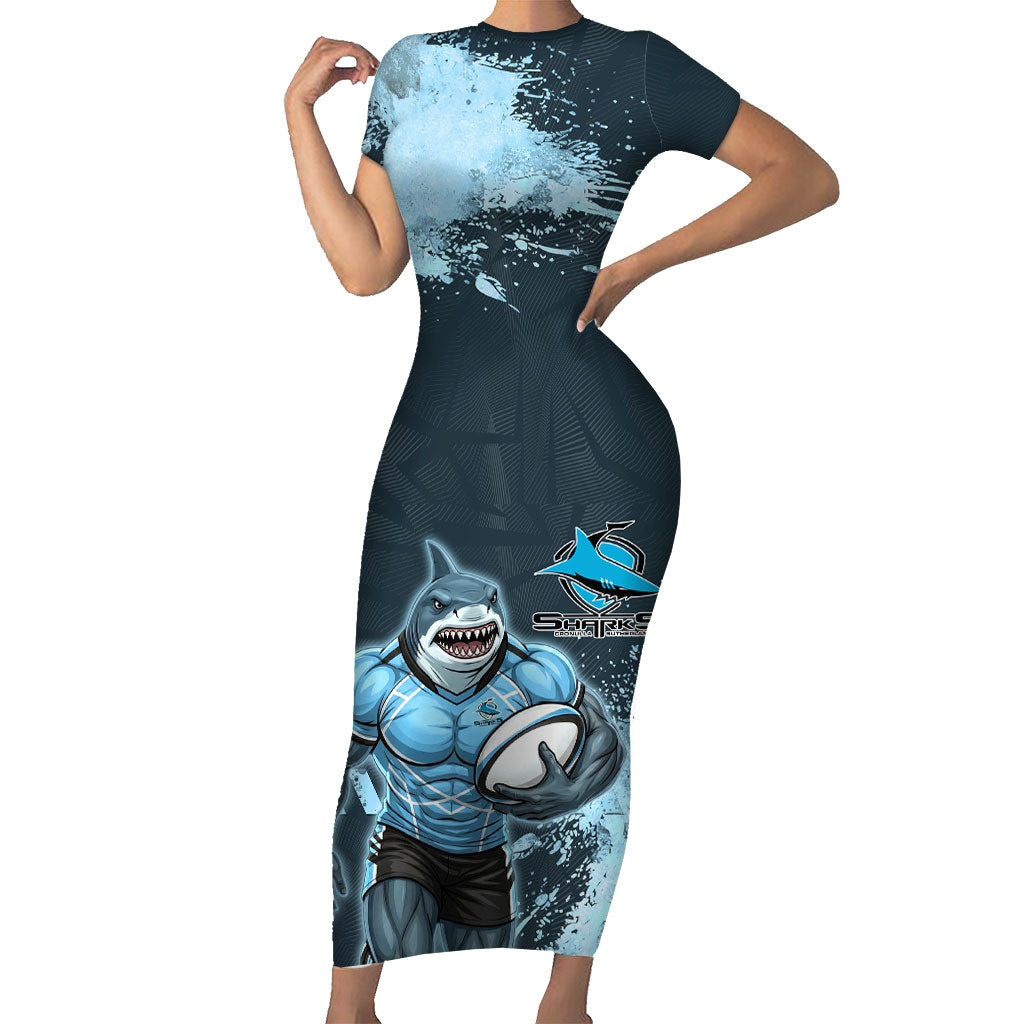 Personalised Cronulla Sutherland Sharks Rugby Short Sleeve Bodycon Dress Sharkies Mascot - Sporty Splash Art Style