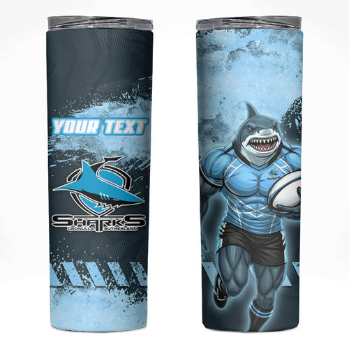 Personalised Cronulla Sutherland Sharks Rugby Skinny Tumbler Sharkies Mascot - Sporty Splash Art Style