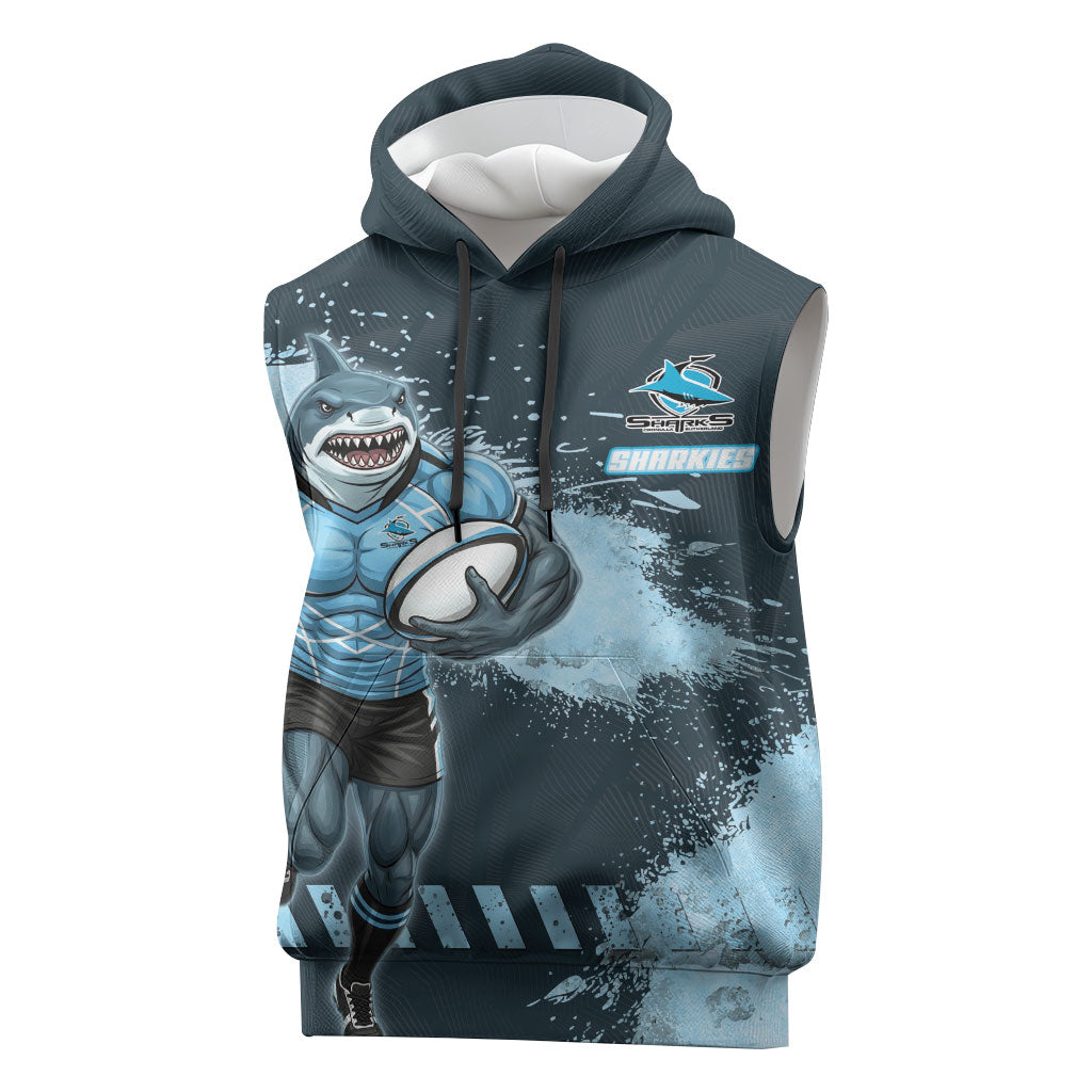 Personalised Cronulla Sutherland Sharks Rugby Sleeveless Hoodie Sharkies Mascot - Sporty Splash Art Style
