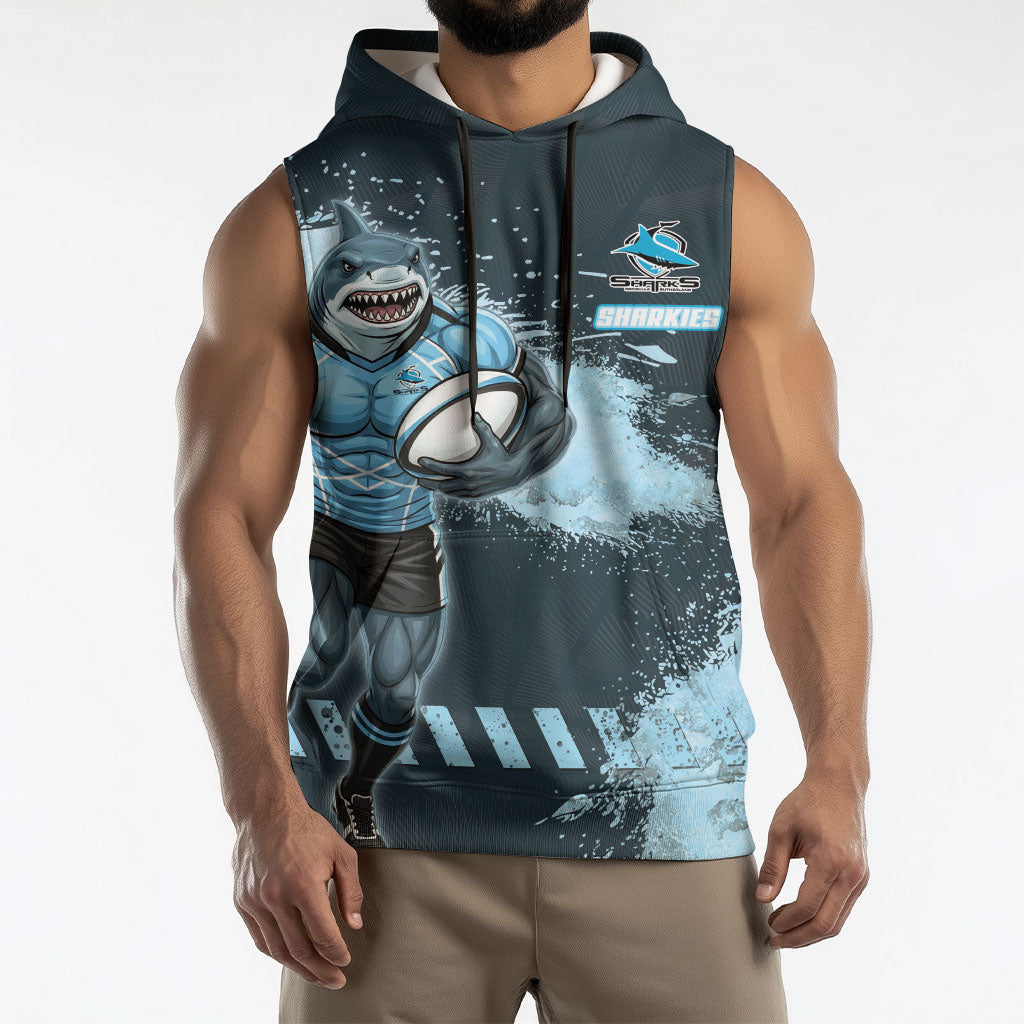 Personalised Cronulla Sutherland Sharks Rugby Sleeveless Hoodie Sharkies Mascot - Sporty Splash Art Style
