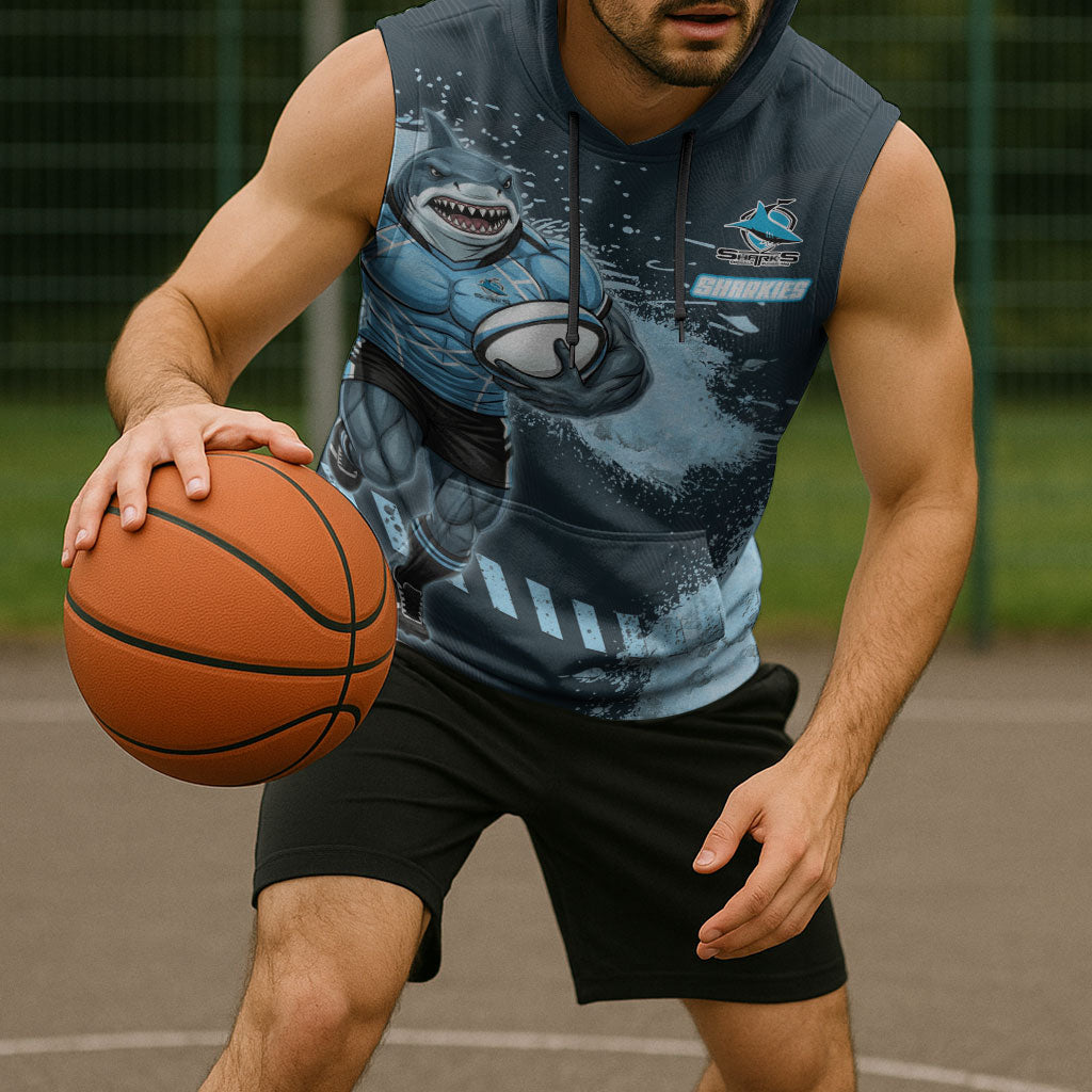 Personalised Cronulla Sutherland Sharks Rugby Sleeveless Hoodie Sharkies Mascot - Sporty Splash Art Style