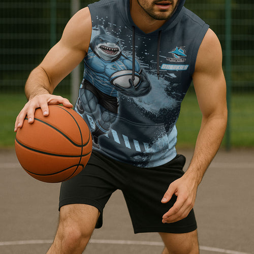 Personalised Cronulla Sutherland Sharks Rugby Sleeveless Hoodie Sharkies Mascot - Sporty Splash Art Style