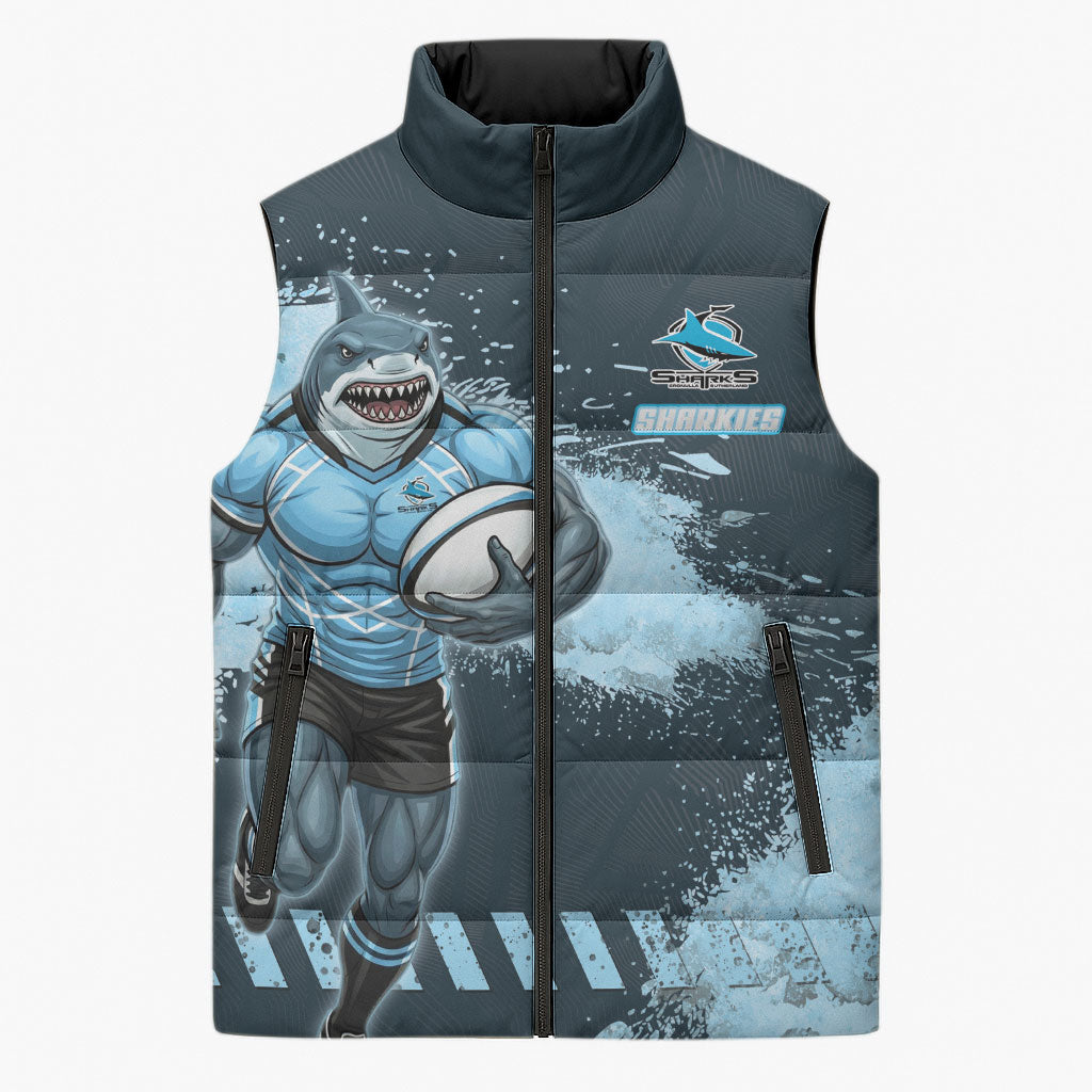 Personalised Cronulla Sutherland Sharks Rugby Sleeveless Puffer Jacket Sharkies Mascot - Sporty Splash Art Style