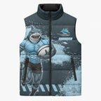 Personalised Cronulla Sutherland Sharks Rugby Sleeveless Puffer Jacket Sharkies Mascot - Sporty Splash Art Style