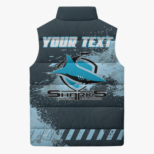 Personalised Cronulla Sutherland Sharks Rugby Sleeveless Puffer Jacket Sharkies Mascot - Sporty Splash Art Style