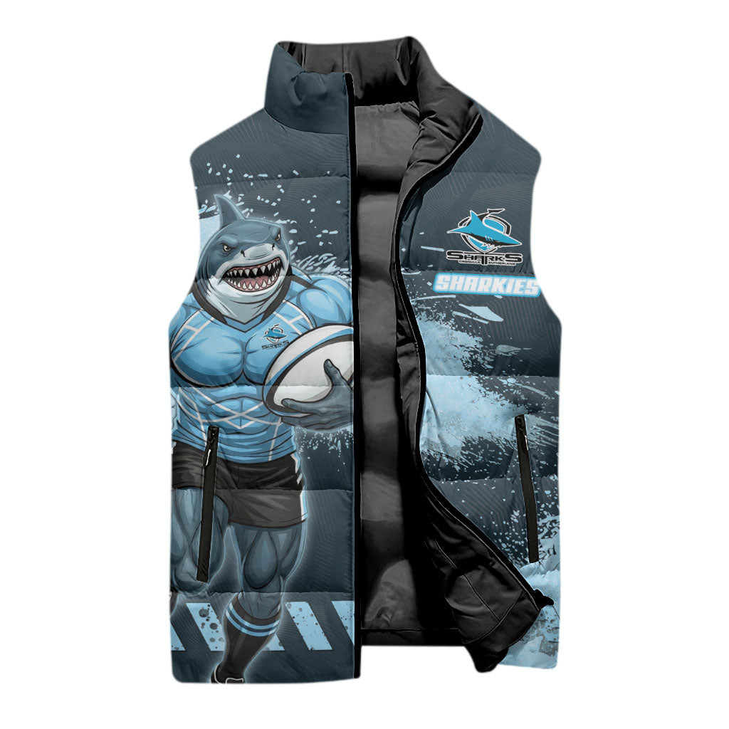 Personalised Cronulla Sutherland Sharks Rugby Sleeveless Puffer Jacket Sharkies Mascot - Sporty Splash Art Style