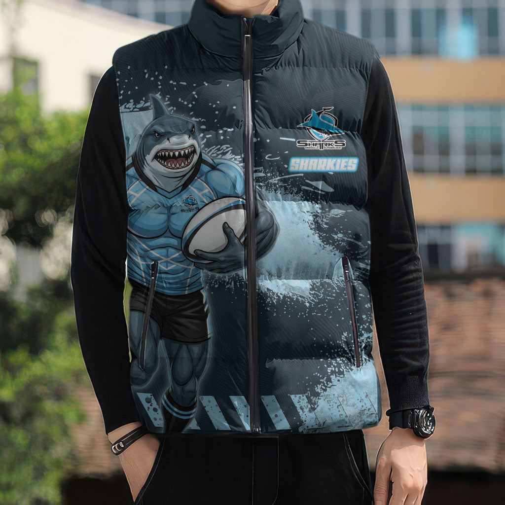 Personalised Cronulla Sutherland Sharks Rugby Sleeveless Puffer Jacket Sharkies Mascot - Sporty Splash Art Style