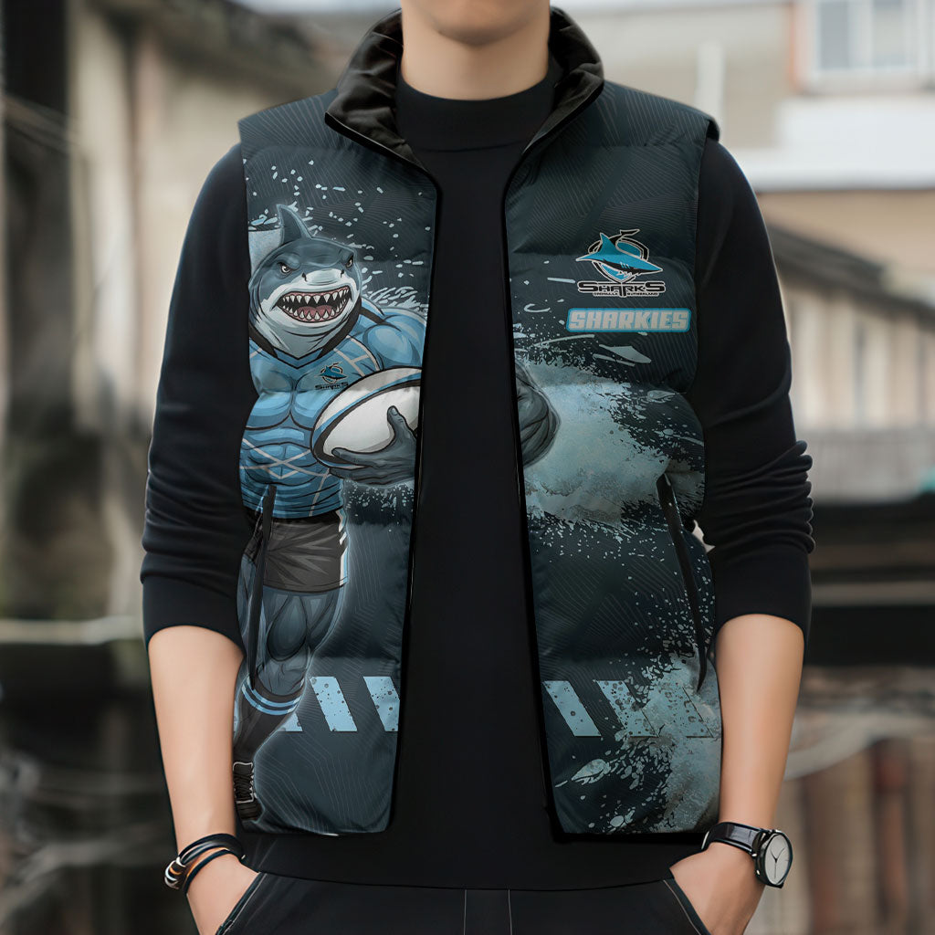 Personalised Cronulla Sutherland Sharks Rugby Sleeveless Puffer Jacket Sharkies Mascot - Sporty Splash Art Style