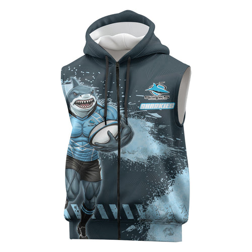 Personalised Cronulla Sutherland Sharks Rugby Sleeveless Zip Hoodie Sharkies Mascot - Sporty Splash Art Style