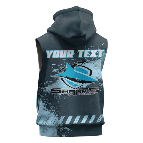 Personalised Cronulla Sutherland Sharks Rugby Sleeveless Zip Hoodie Sharkies Mascot - Sporty Splash Art Style