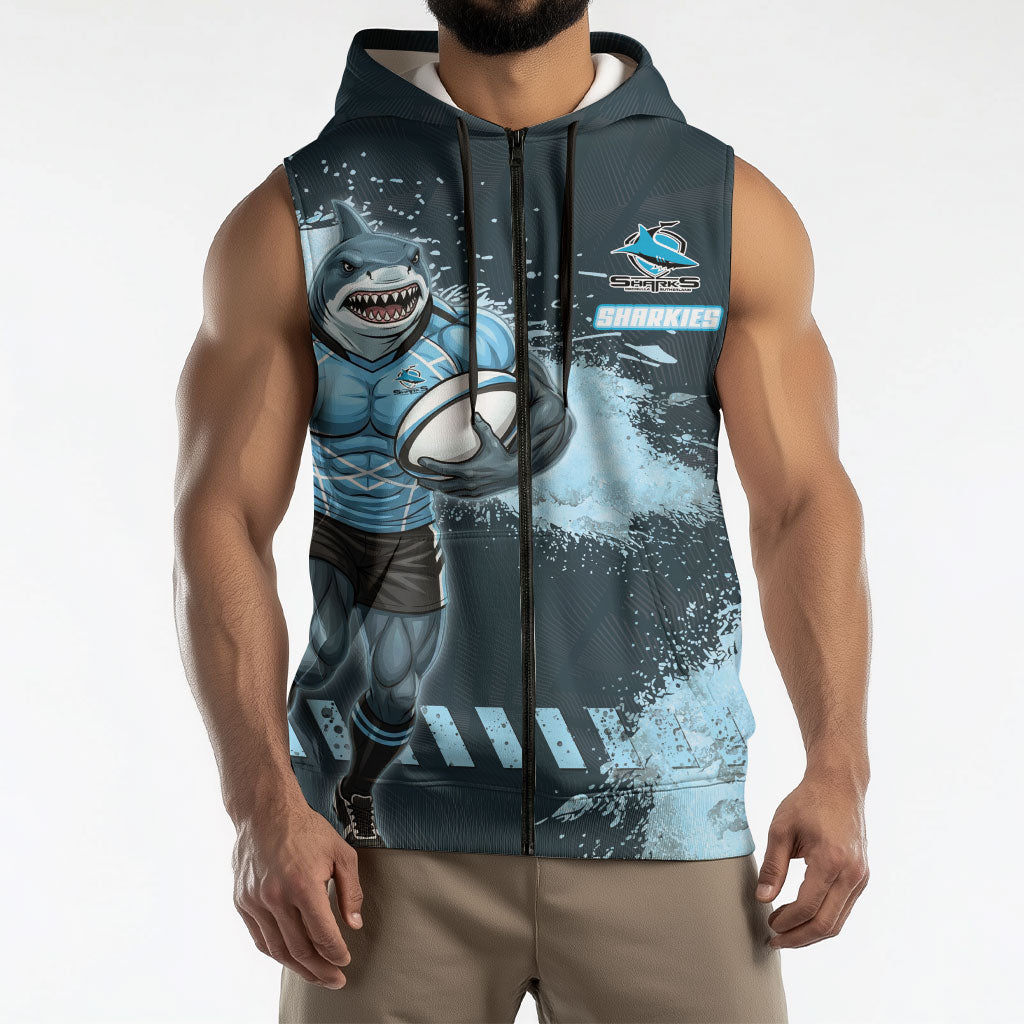 Personalised Cronulla Sutherland Sharks Rugby Sleeveless Zip Hoodie Sharkies Mascot - Sporty Splash Art Style