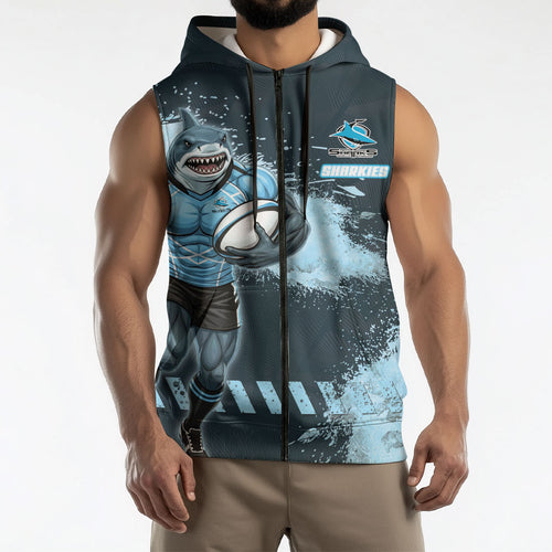 Personalised Cronulla Sutherland Sharks Rugby Sleeveless Zip Hoodie Sharkies Mascot - Sporty Splash Art Style