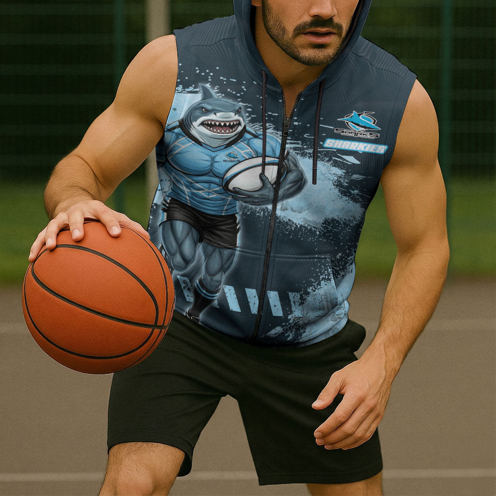 Personalised Cronulla Sutherland Sharks Rugby Sleeveless Zip Hoodie Sharkies Mascot - Sporty Splash Art Style