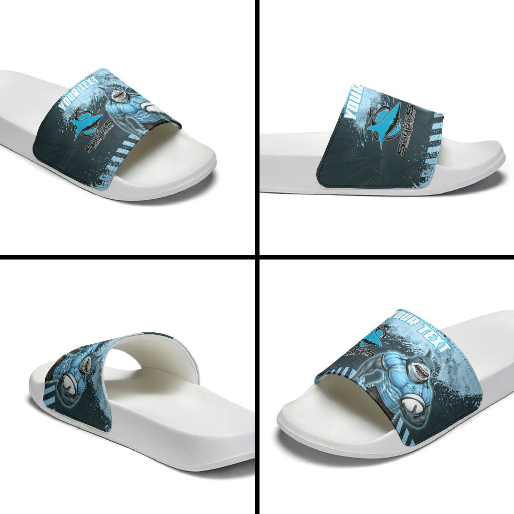 Personalised Cronulla Sutherland Sharks Rugby Slide Sandals Sharkies Mascot - Sporty Splash Art Style