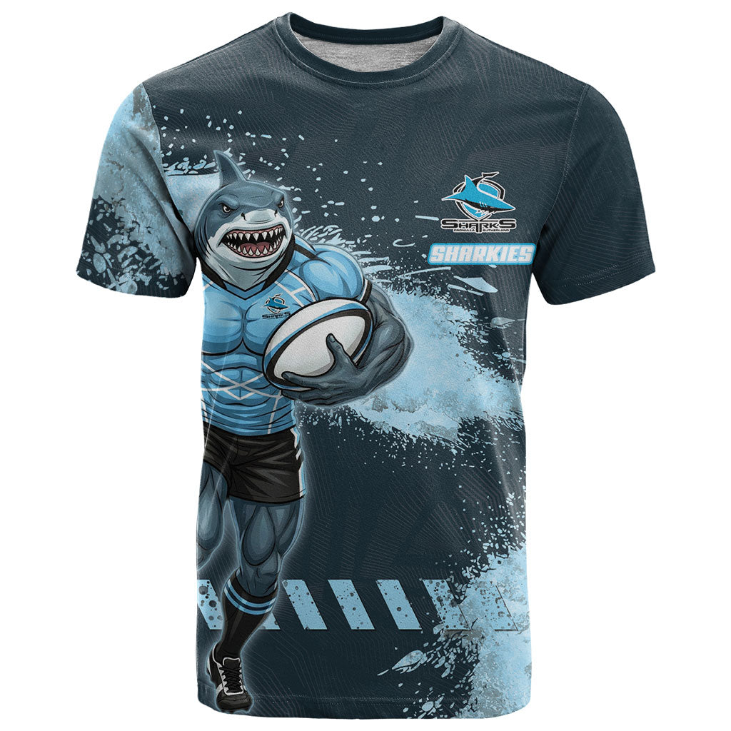 Personalised Cronulla Sutherland Sharks Rugby T Shirt Sharkies Mascot - Sporty Splash Art Style