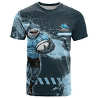 Personalised Cronulla Sutherland Sharks Rugby T Shirt Sharkies Mascot - Sporty Splash Art Style