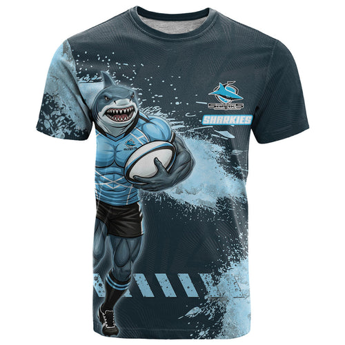 Personalised Cronulla Sutherland Sharks Rugby T Shirt Sharkies Mascot - Sporty Splash Art Style