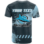 Personalised Cronulla Sutherland Sharks Rugby T Shirt Sharkies Mascot - Sporty Splash Art Style