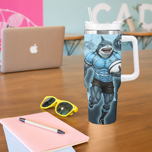 Personalised Cronulla Sutherland Sharks Rugby Tumbler With Handle Sharkies Mascot - Sporty Splash Art Style